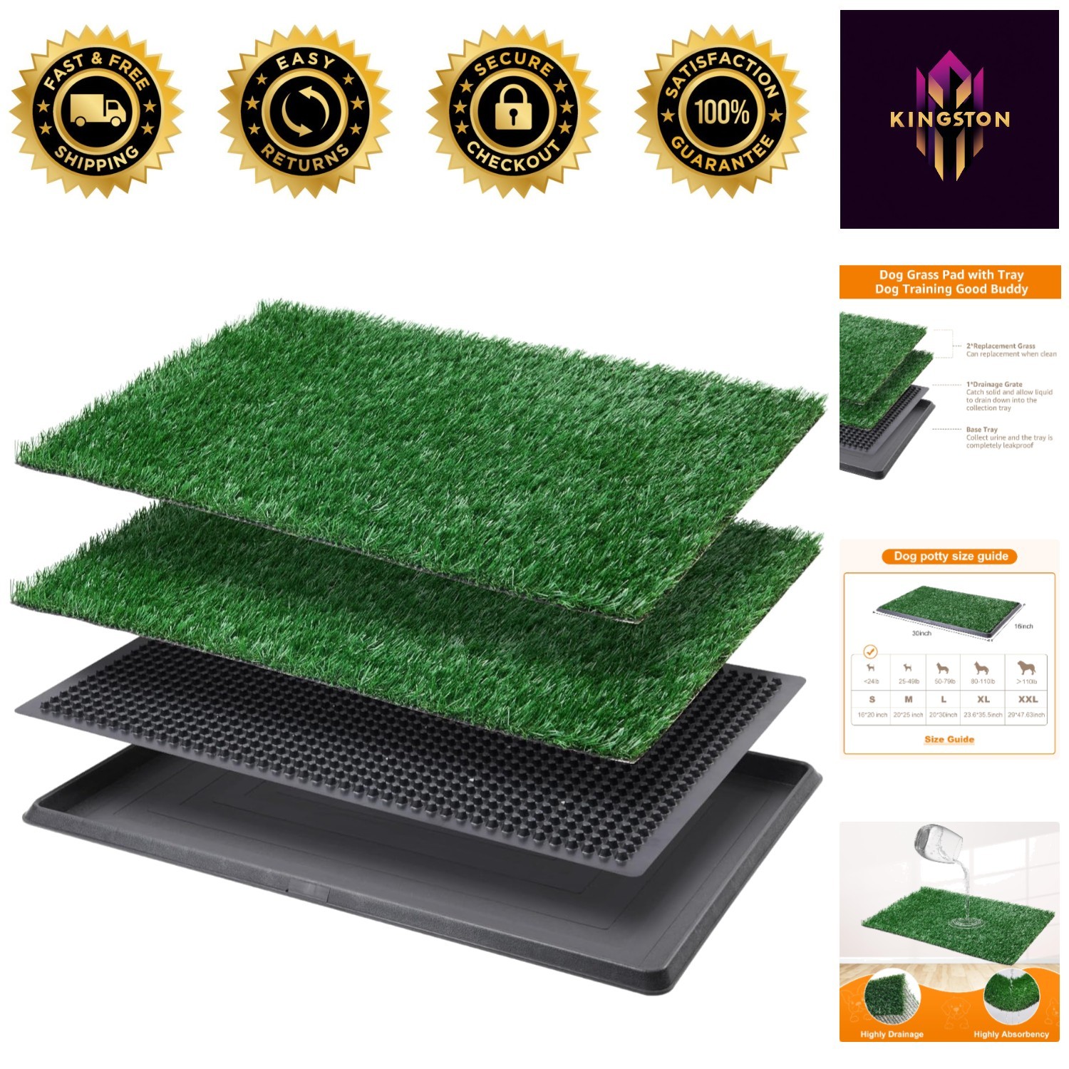 Portable Dog Grass Pad with Tray – Indoor Potty & 2 Replacement Pads, 16×20