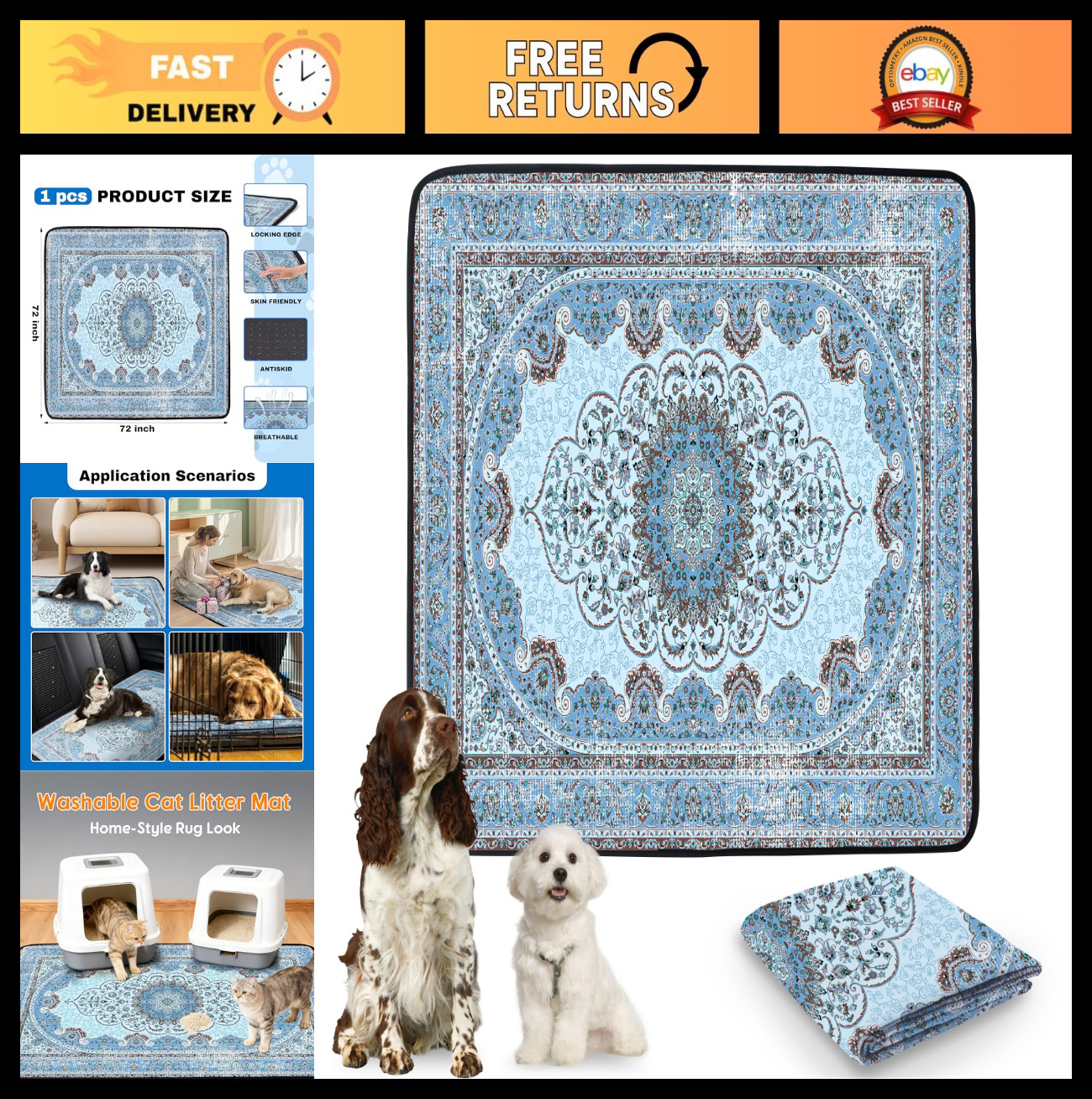 Washable Dog Cat Pee Pads 72″x72″ Super Absorbent Leakproof Reusable Training Ma