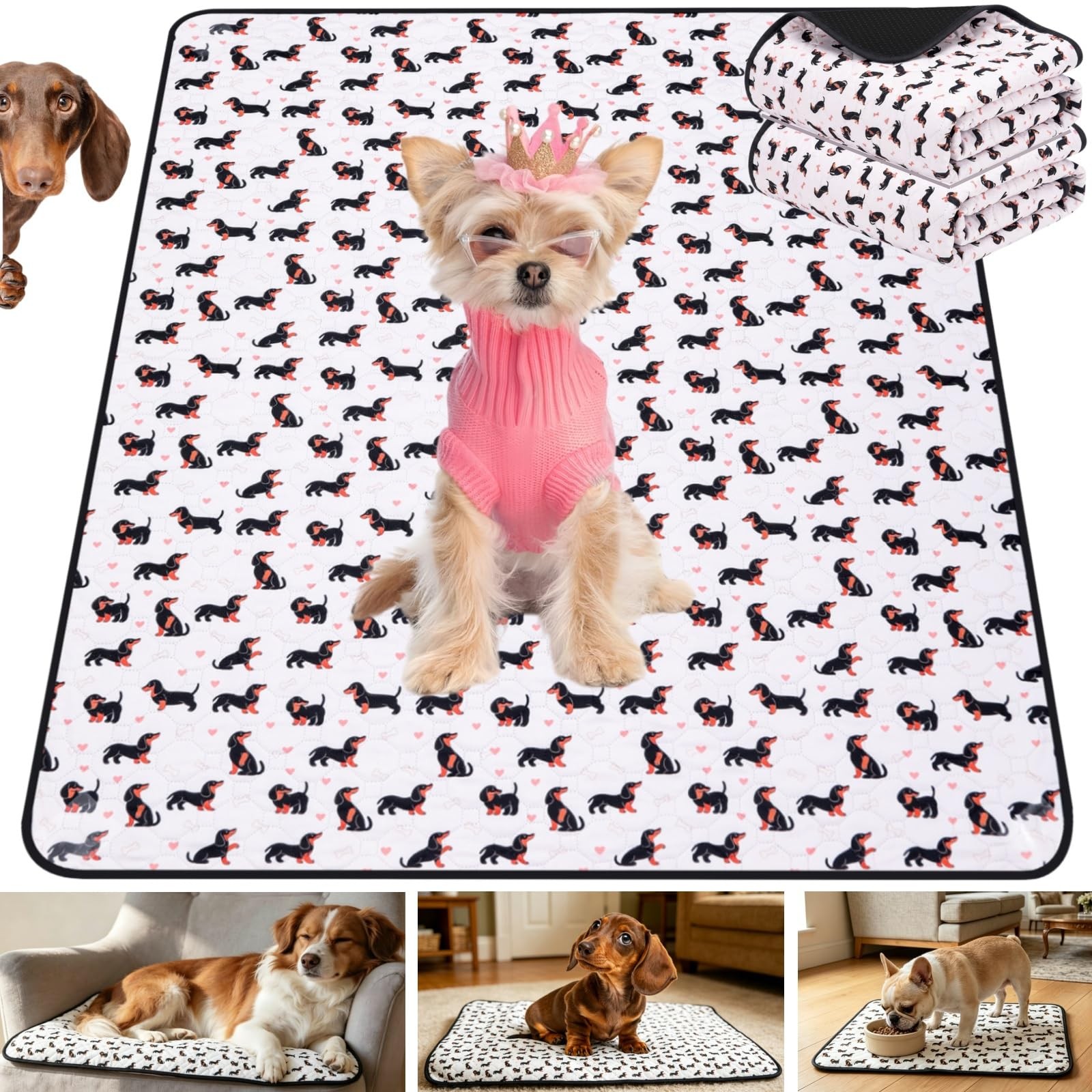 Washable Pee Pads for Dogs,2 Pack 18″x24″(Pack of 2), Dachshund Prints