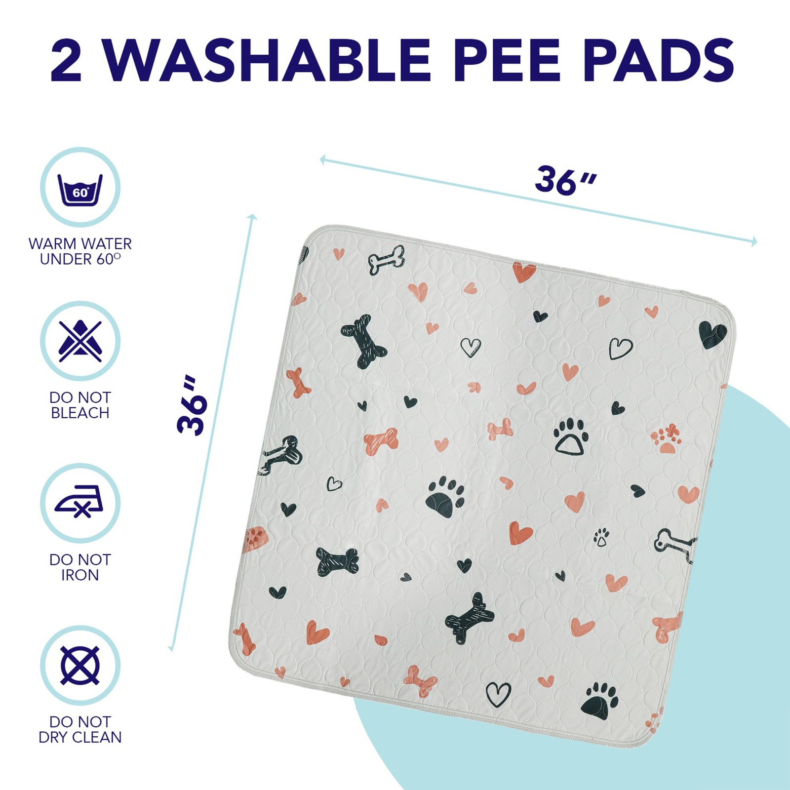 PUPIBOO Washable Pee Pads for 36 x 36 Inch (Pack of 2), Paws Bones & Hearts