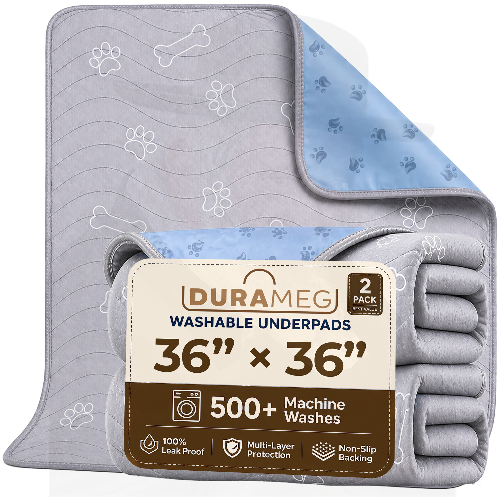 DURAMEG Washable Dog Pee Pads 36×36 Reusable Waterproof Puppy Training 2 Pack