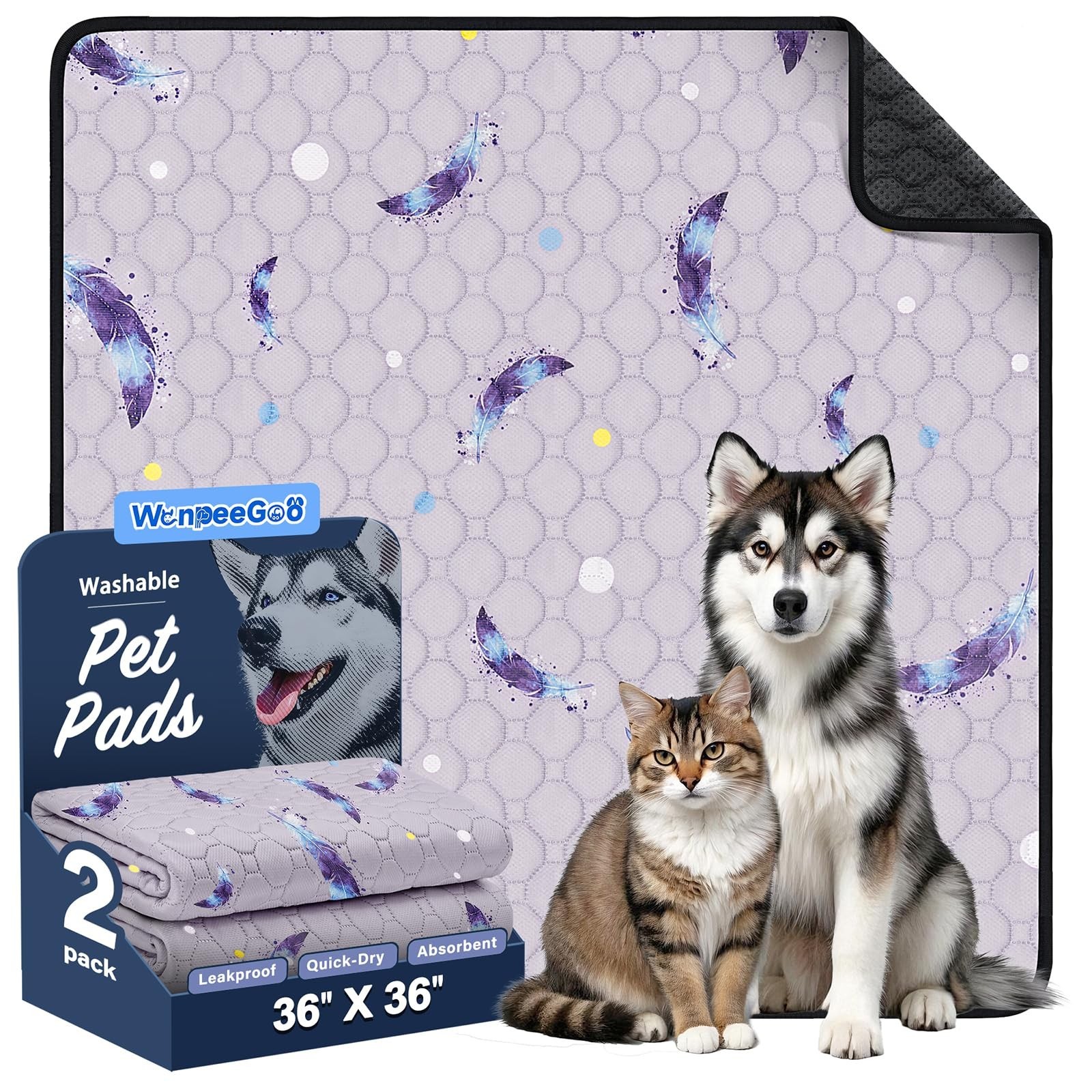 Washable Dog Pee Pads, Non-Slip Waterproof, 36 x 36 in, 2 Pack, Feather | Sup…