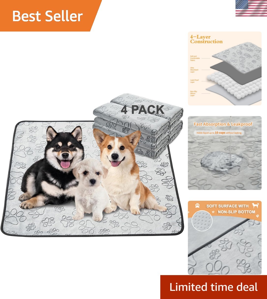 Durable 34×36 Puppy Pads – 4 Pack Washable and Leakproof Training Mats