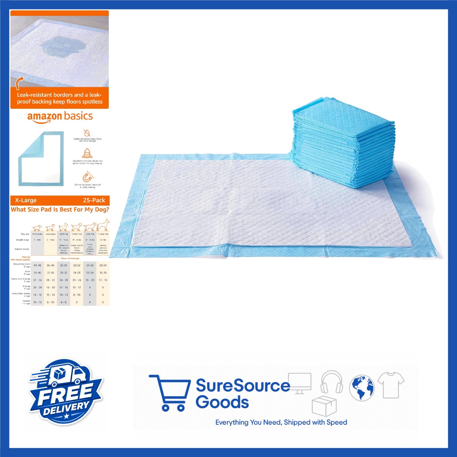Blue & White Puppy Pads 28×34 Inch X-Large Leak-Proof 5-Layer Design 25 Count