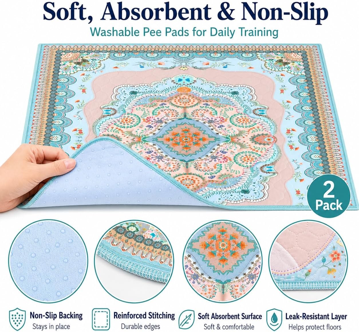 Washable Pee Pads for Dogs, 18″X24″ 2 Pack Reusable Puppy Pads Pet Training Pads