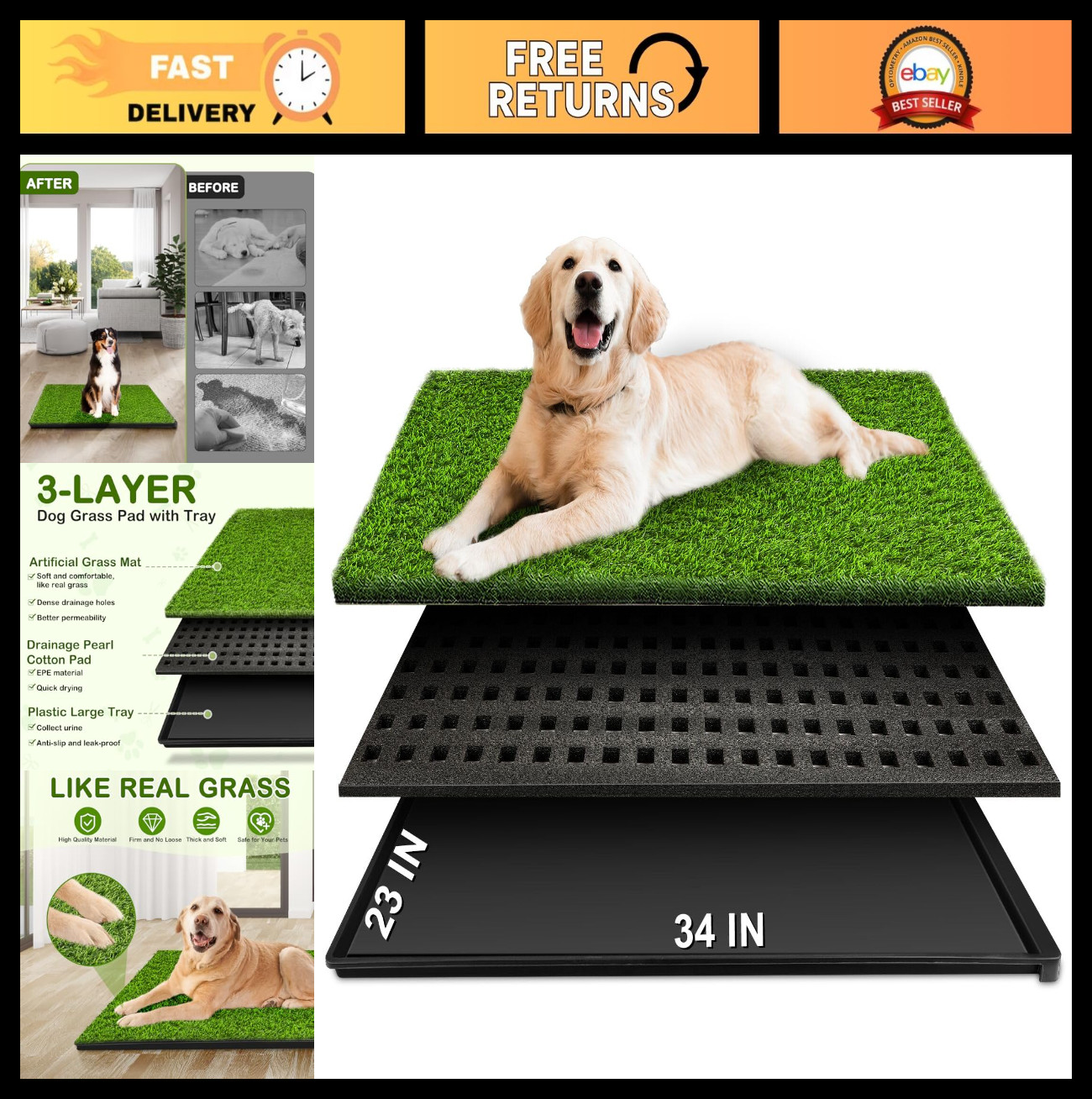 Large Dog Grass Pad with Tray – 34″x23″ Reusable Artificial Turf Potty for Indoo