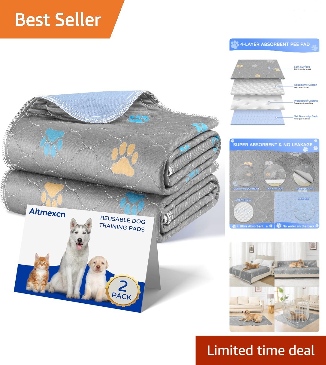 Washable & Waterproof Puppy Pee Pads – 2PCS Reusable Training Mats 18×24