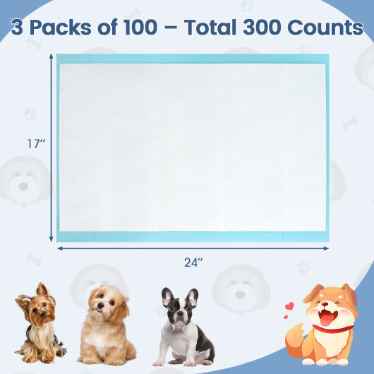 Dog and Puppy Pee Pads 24″ x 17″ (300 Counts) for Potty Training-Blue