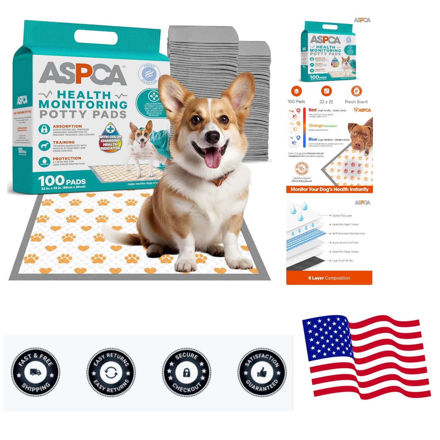 Health Monitoring Dog Pee Pads, 100 Count, pH-Sensitive 22″x22″ Training Pads…