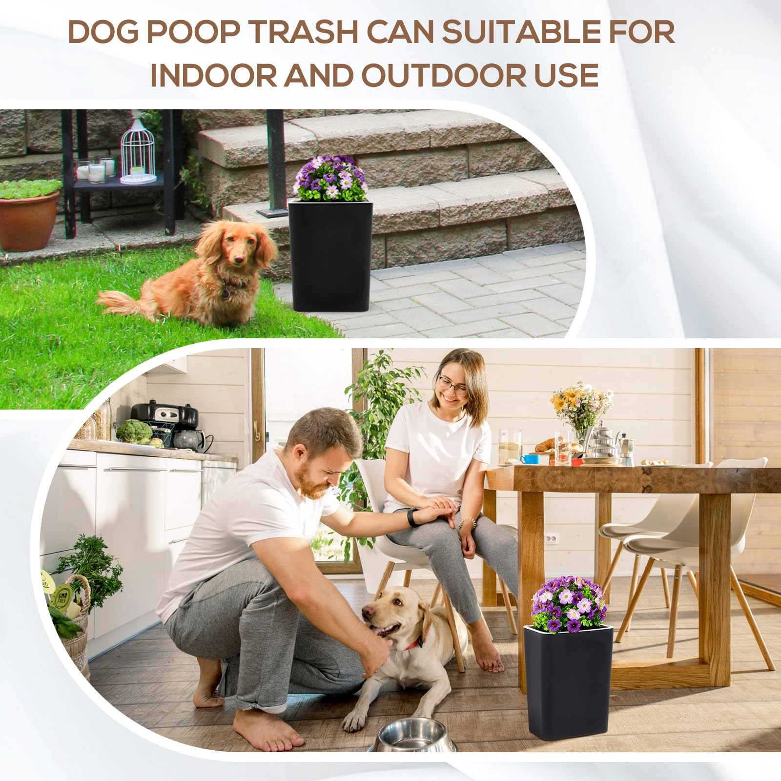 Jingmore 15L Purple Flower Black Dog Poop Bin w/ Lid & Bags, Indoor/Outdoor