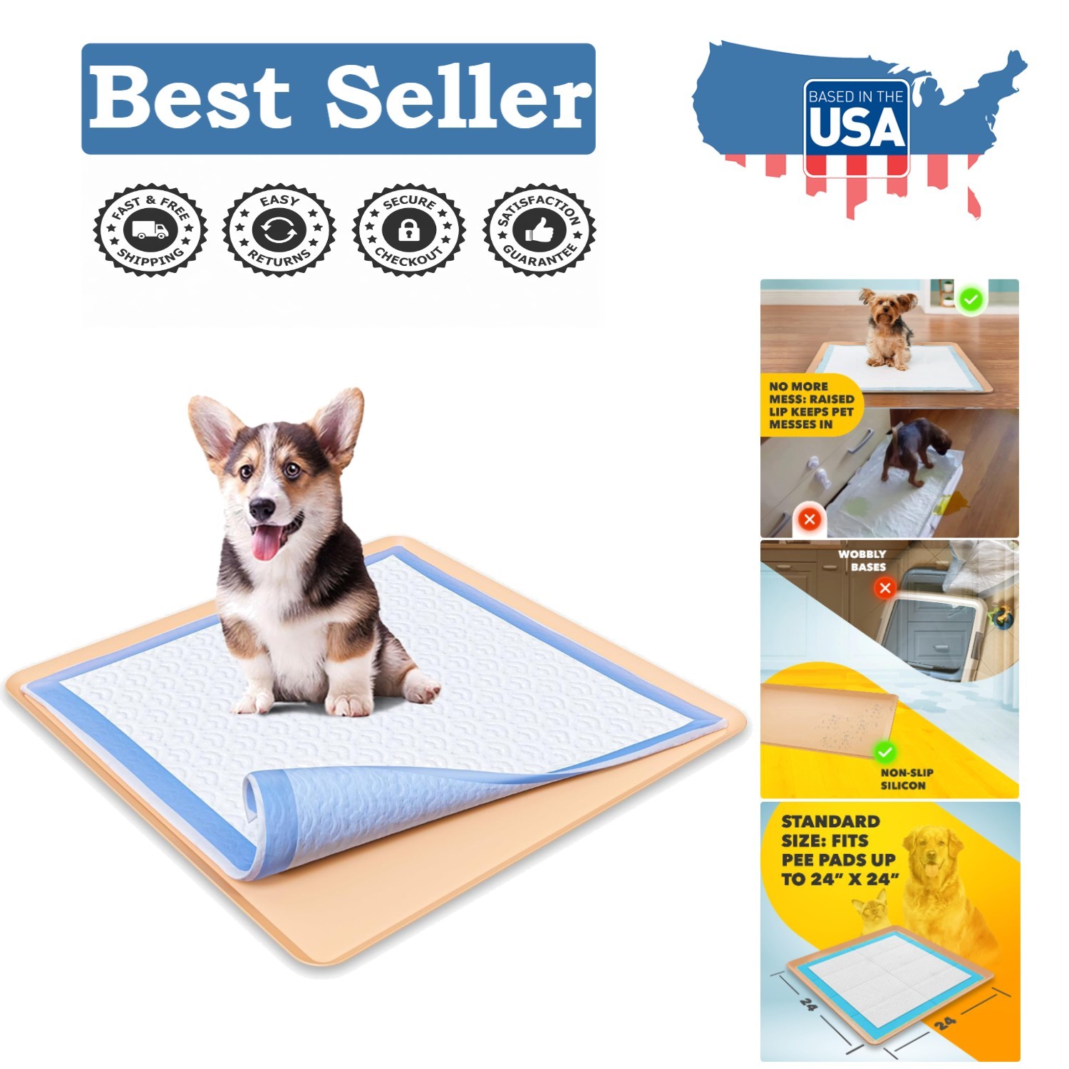 Durable Dog Pee Pad Holder – 24” x 24” with Raised Edges and Anti-Slip Base