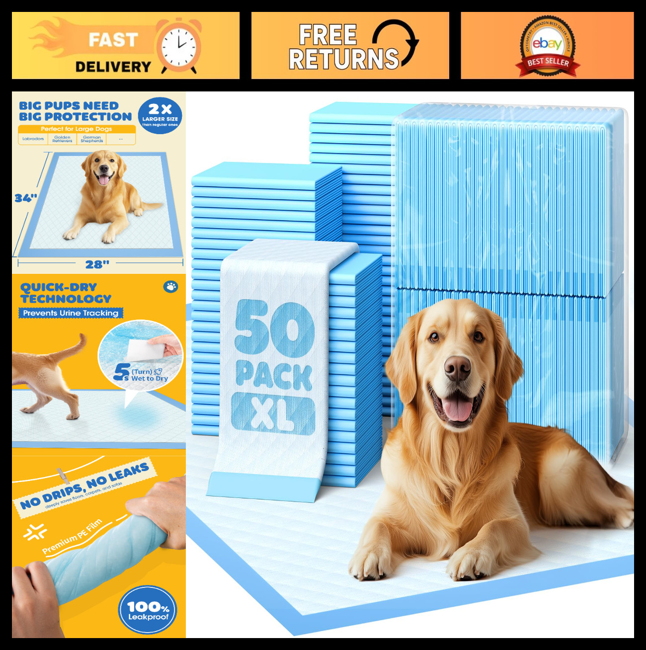 50-Pack Extra Large Puppy Pads 34″x28″ – Leakproof, Quick-Dry, High Absorbency D