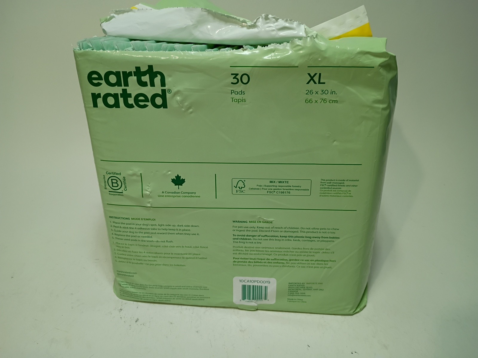 Earth Rated Leak-Proof Pee Pads XLarge 26×30” 24 Pads OPEN PACKAGE Adhesive Tabs