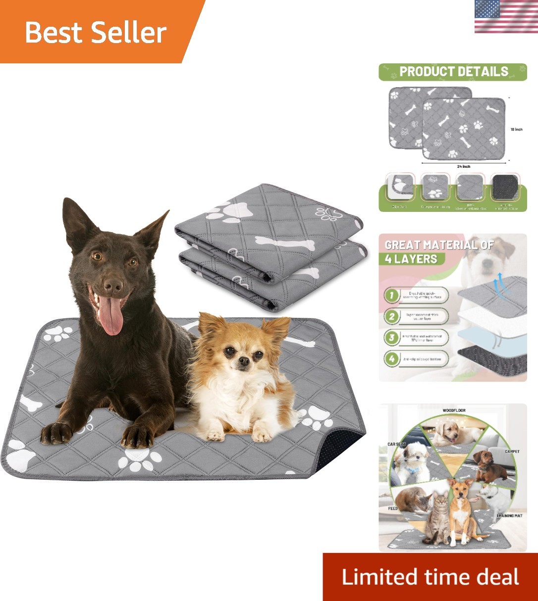 Machine Washable 18” x 24” Dog Potty Pads – Reusable & Easy to Clean 2 Pack