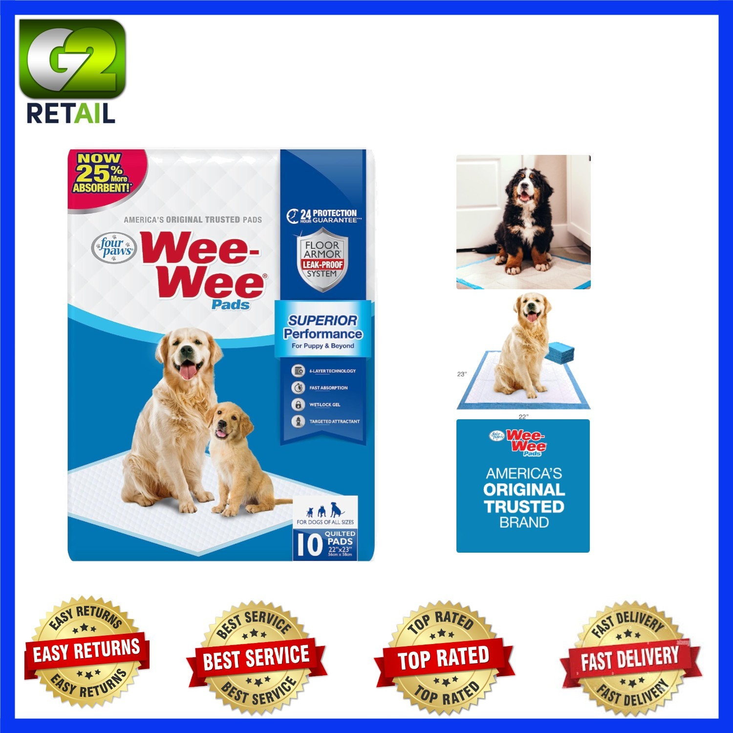 Quilted Leak-Proof Puppy Training Pads – Unscented, 10 Count, 24-Hour Protection