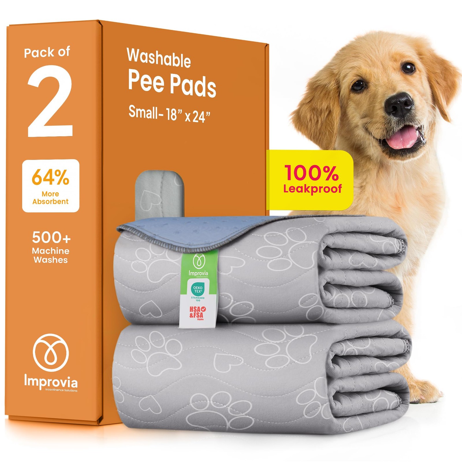 IMPROVIA® Reusable Puppy Pad – Small 18″x24″ (Pack of 2), Paws & Hearts