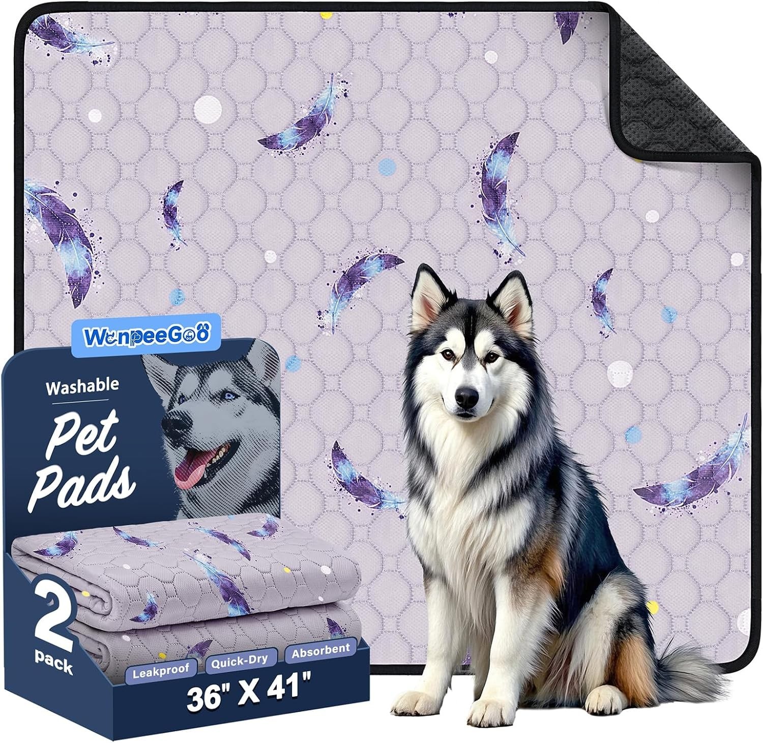 Washable Dog Pee Pads, Non-Slip Waterproof, 36 x 41 in, 2 Pack, Feather | Sup…