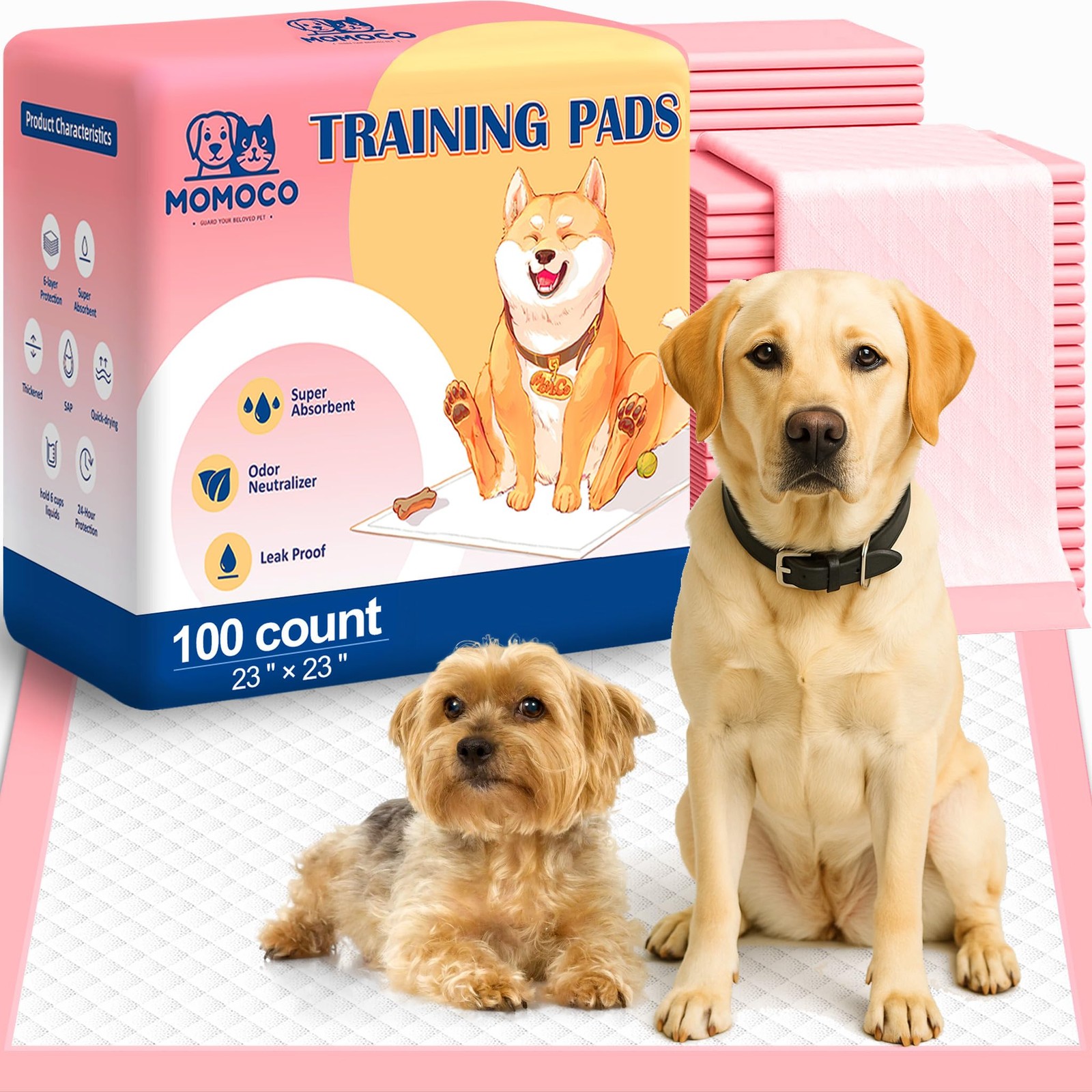 MoMoCo 23×23-100 Count Pink Puppy Pads, Super Absorbent, Leak-Proof, Quick-Dr…