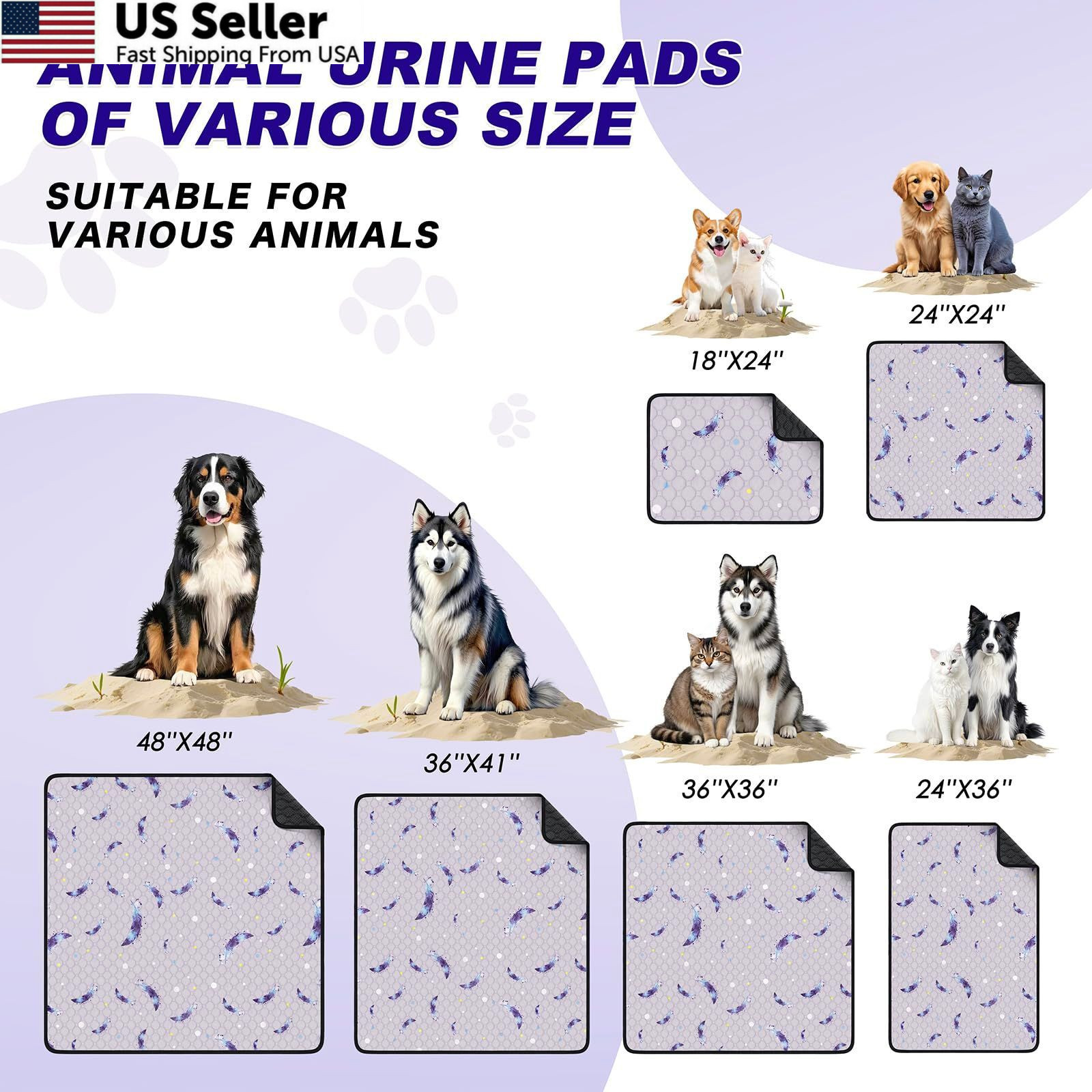 Washable Dog Pee Pads, Non-Slip 24″x24″(Pack of 2), Feather Pattern