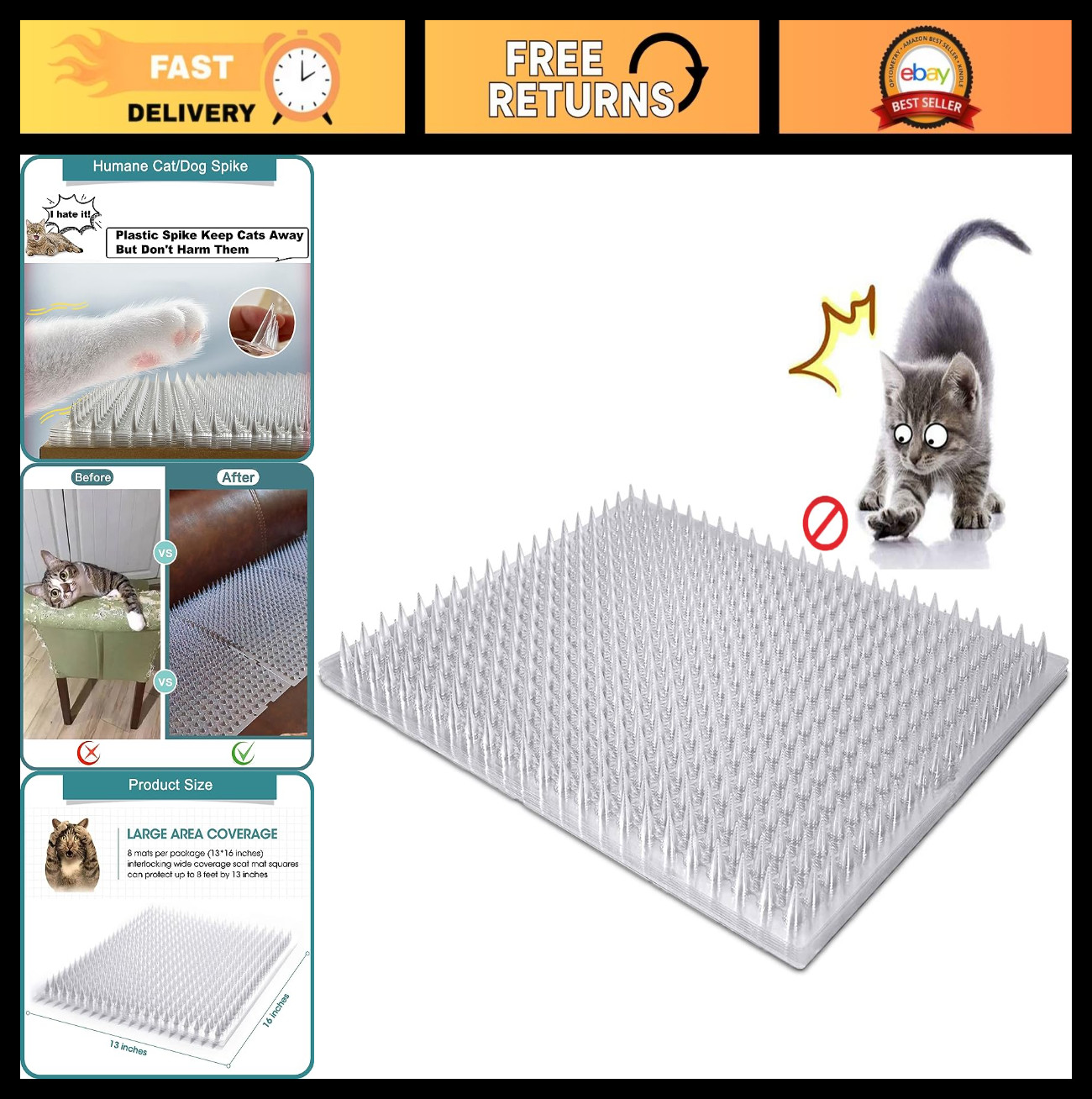 8 Pack Cat Deterrent Scat Mats – Indoor/Outdoor Pet Training Spikes, 12 Sq.ft