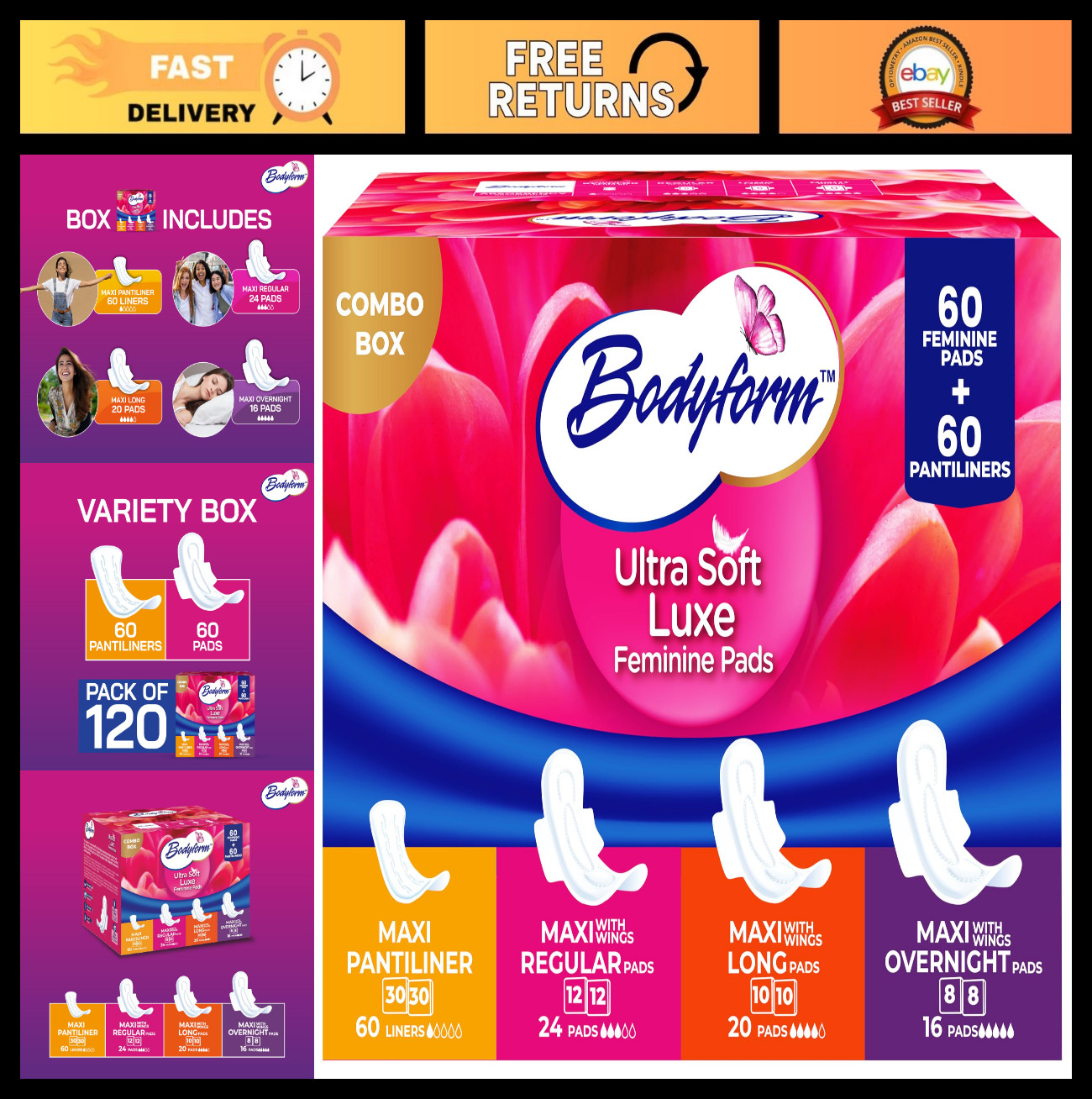 Ultra-Soft Luxe Pads & Pantyliners Combo, 120 Count – Leak Protection, Comfort