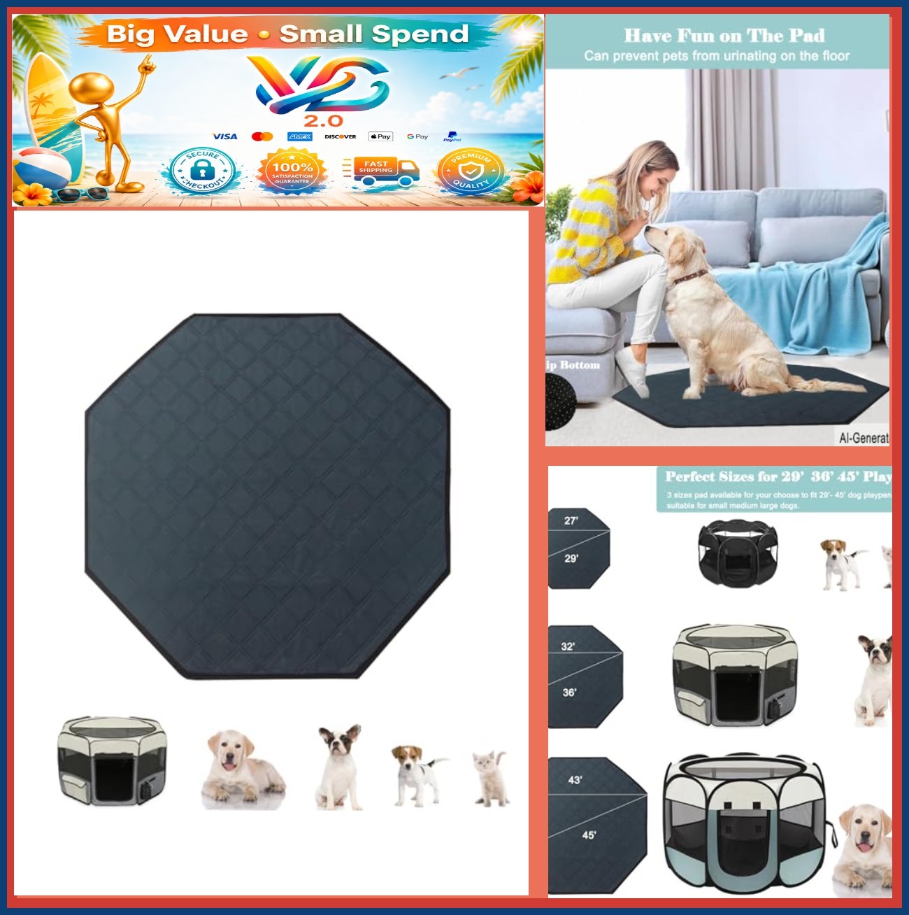 Washable 45″ Octagon Dog Playpen Mat Leakproof Anti-Slip Reusable Puppy Pad