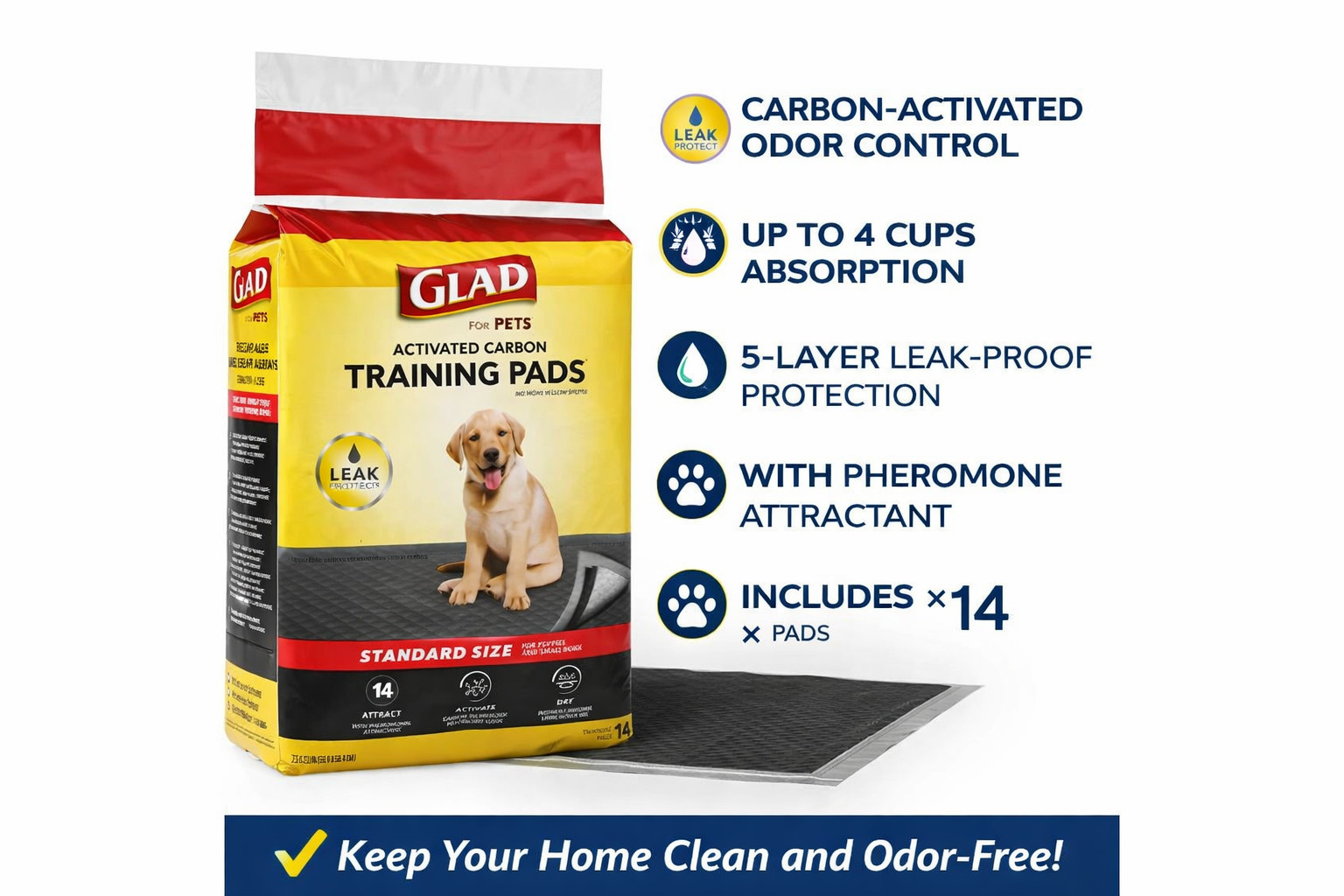 Glad For Pets Carbon Puppy Training Pads Standard Size 14 Count Leak-Proof