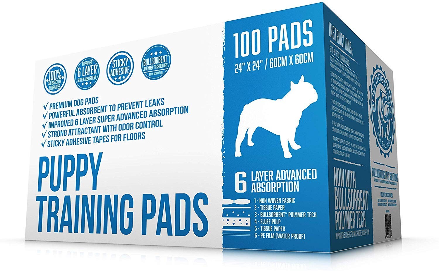 Bulldogology Puppy Training Pads – Pee with Adhesive 100-Count, White