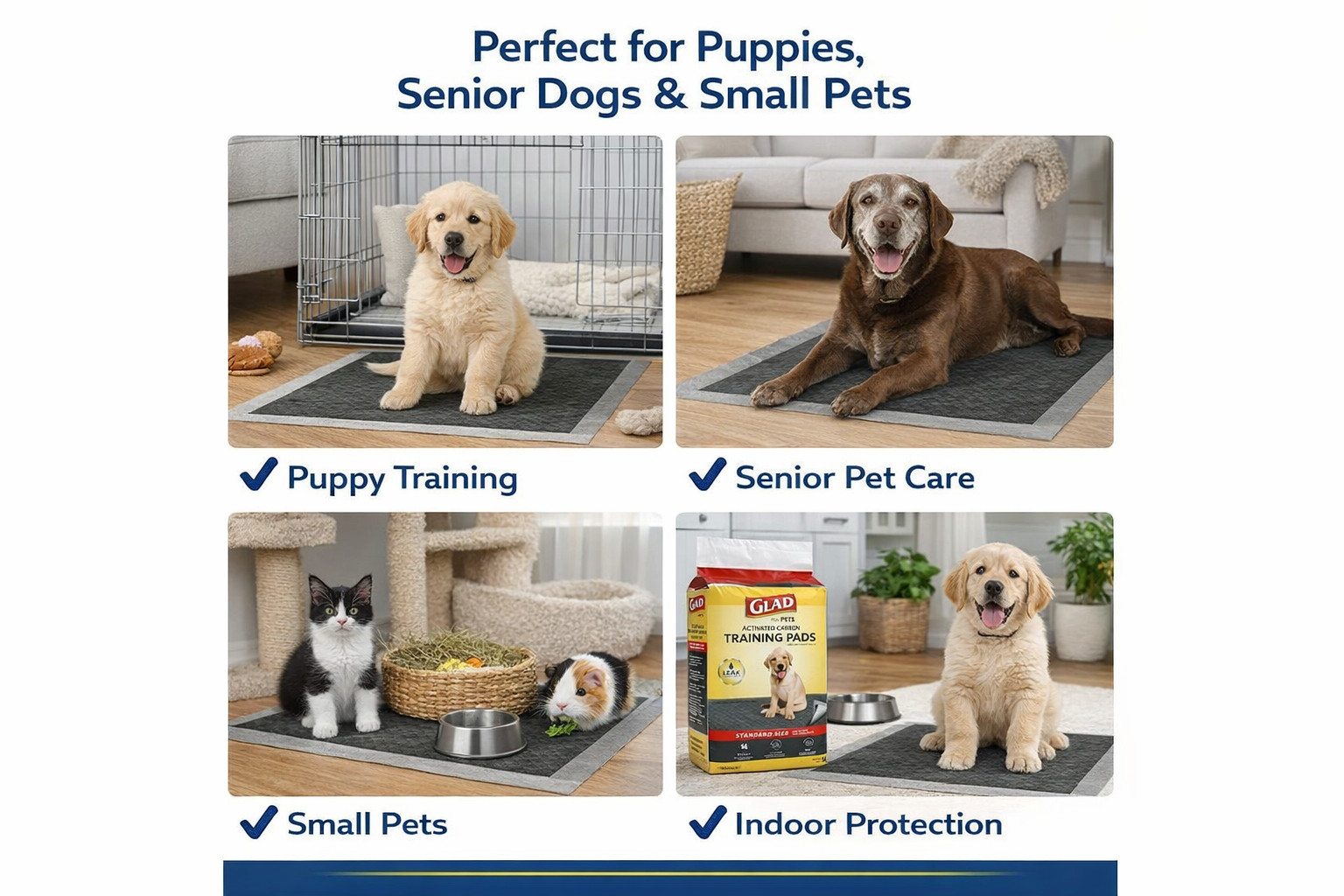 Glad For Pets Carbon Puppy Training Pads Standard Size 14 Count Leak-Proof