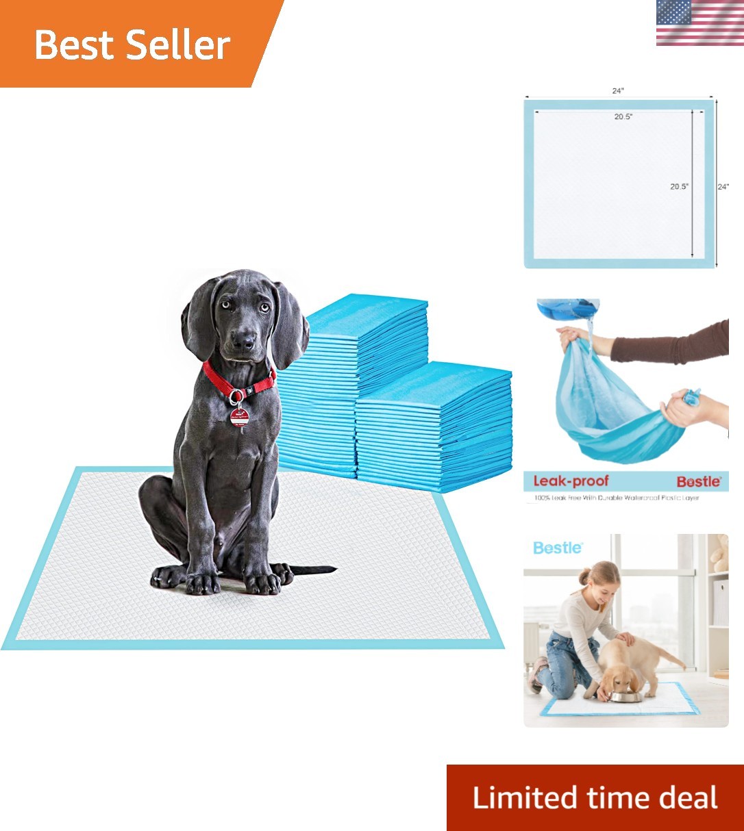 Super Absorbent Large Dog Training Pads, 24″x24″, Leak-Proof, 80 Count