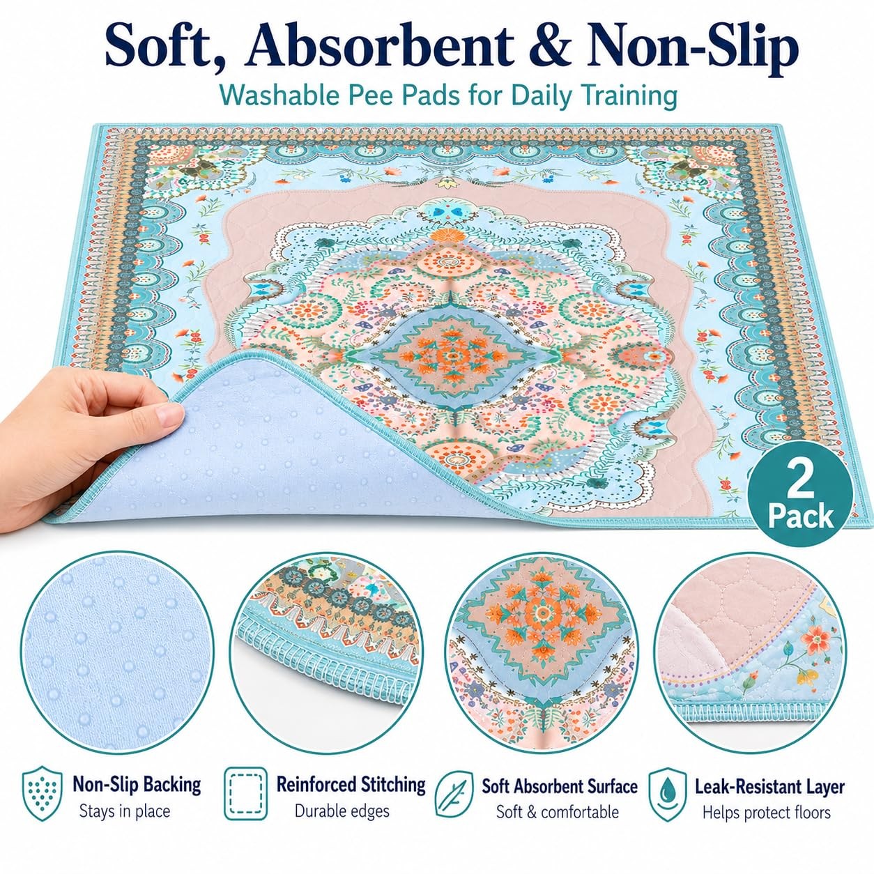Washable Pee Pads for Dogs, 18″x24″, 2 Pack Reusable Puppy Training Pads