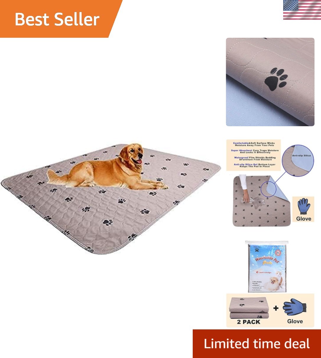 Reusable Waterproof Pet Training Pads – Large Dog Pee Pad with Grooming Gloves