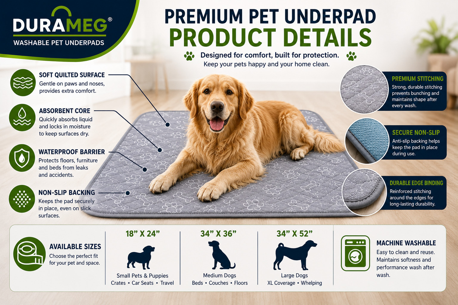 DURAMEG Washable Dog Pee Pads 36×36 Reusable Waterproof Puppy Training 2 Pack