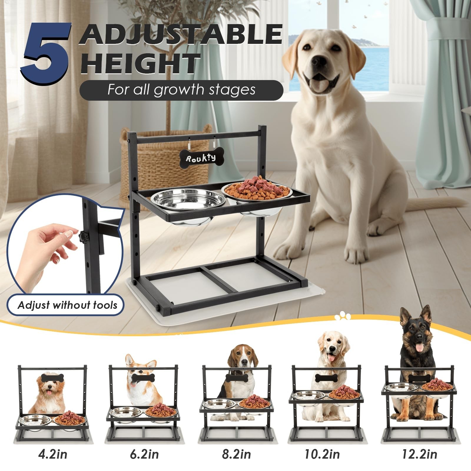 ADENGL Elevated Dog Bowls with Slow Feeder, 5 Adjustable Heights, Anti-Slip, …