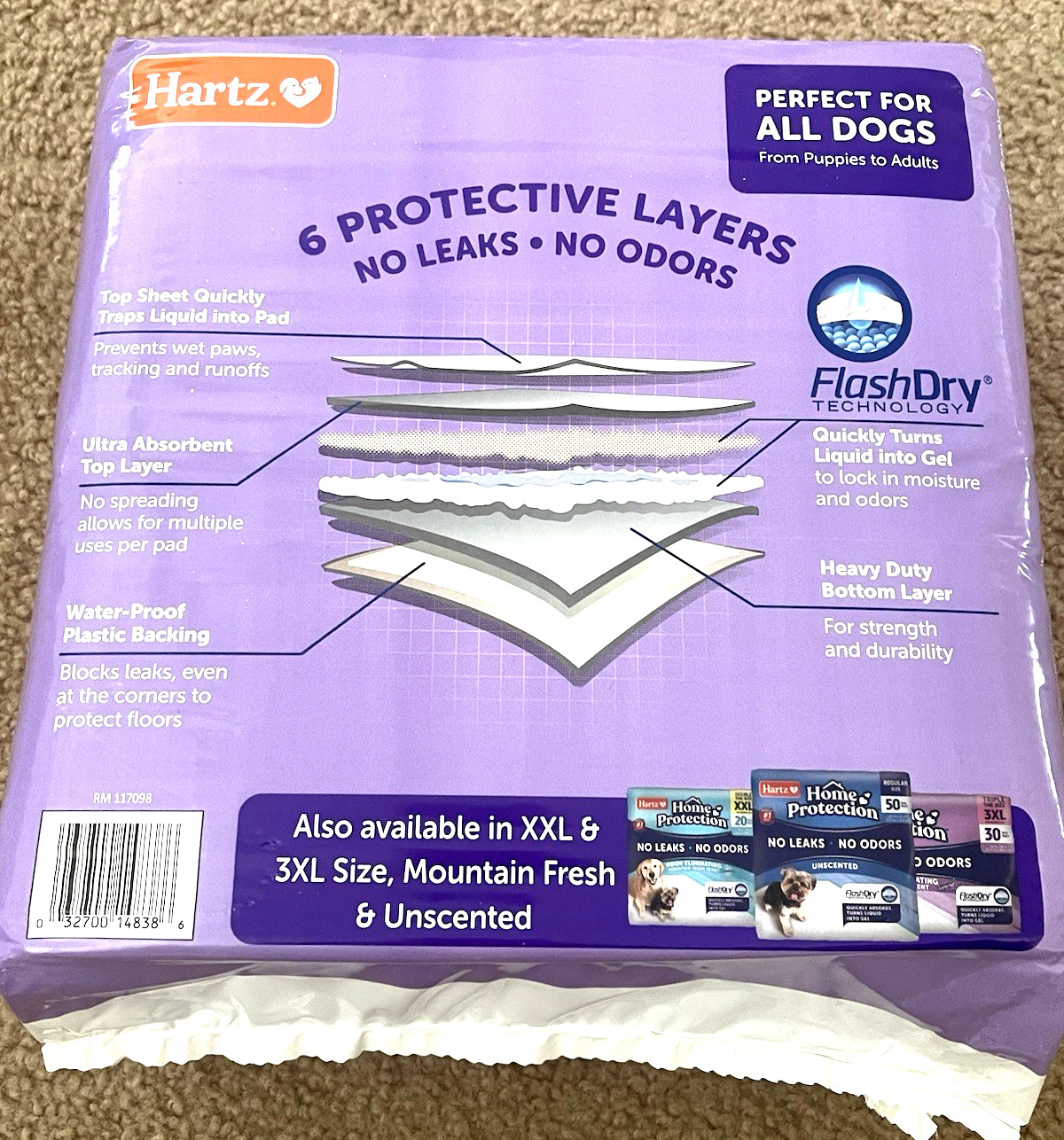 Hartz Home Protection No Leaks No Odors 21″ x 21″ 50 dog pads Lavender Scent