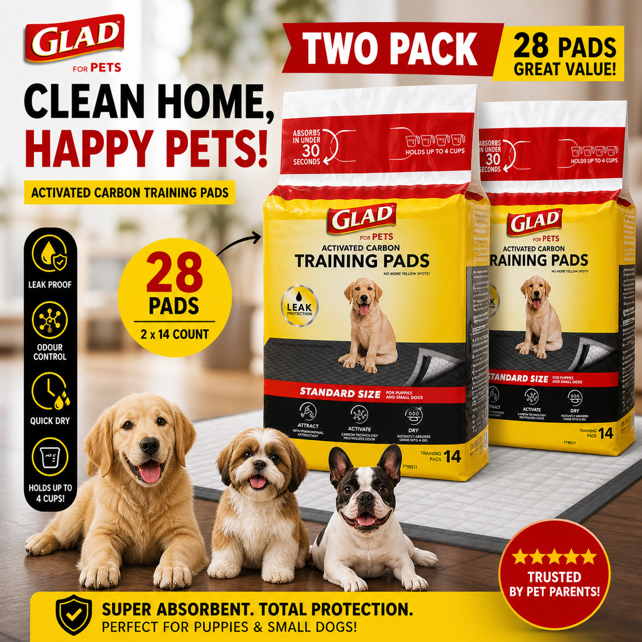 Glad Puppy Training Pads 28 Count 2 Pack Leak Proof Fast Absorb Odor Control