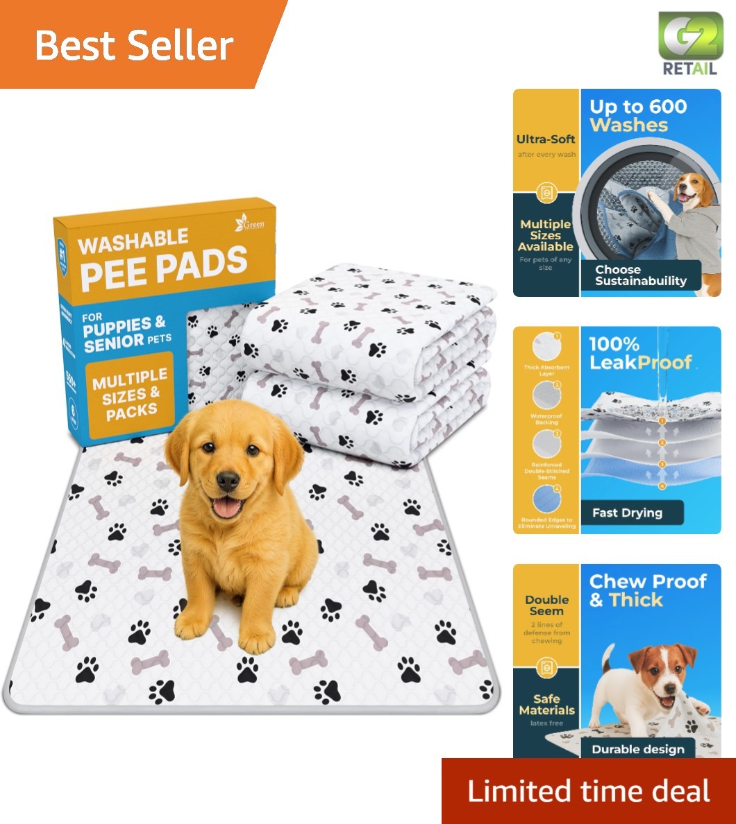 34×36 Washable Dog Training Pads – Odor Control & Anti-Leak Protection in 2 Pack