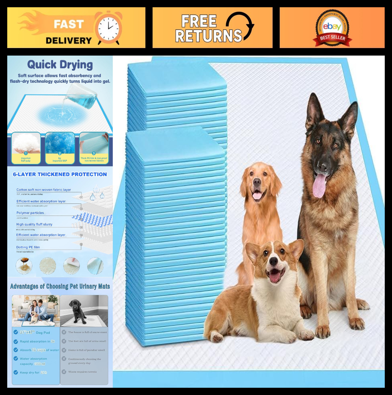 Extra Large Puppy Pee Pads 31″x47″ – 40 Count, Leak-Proof & Super Absorbent Trai